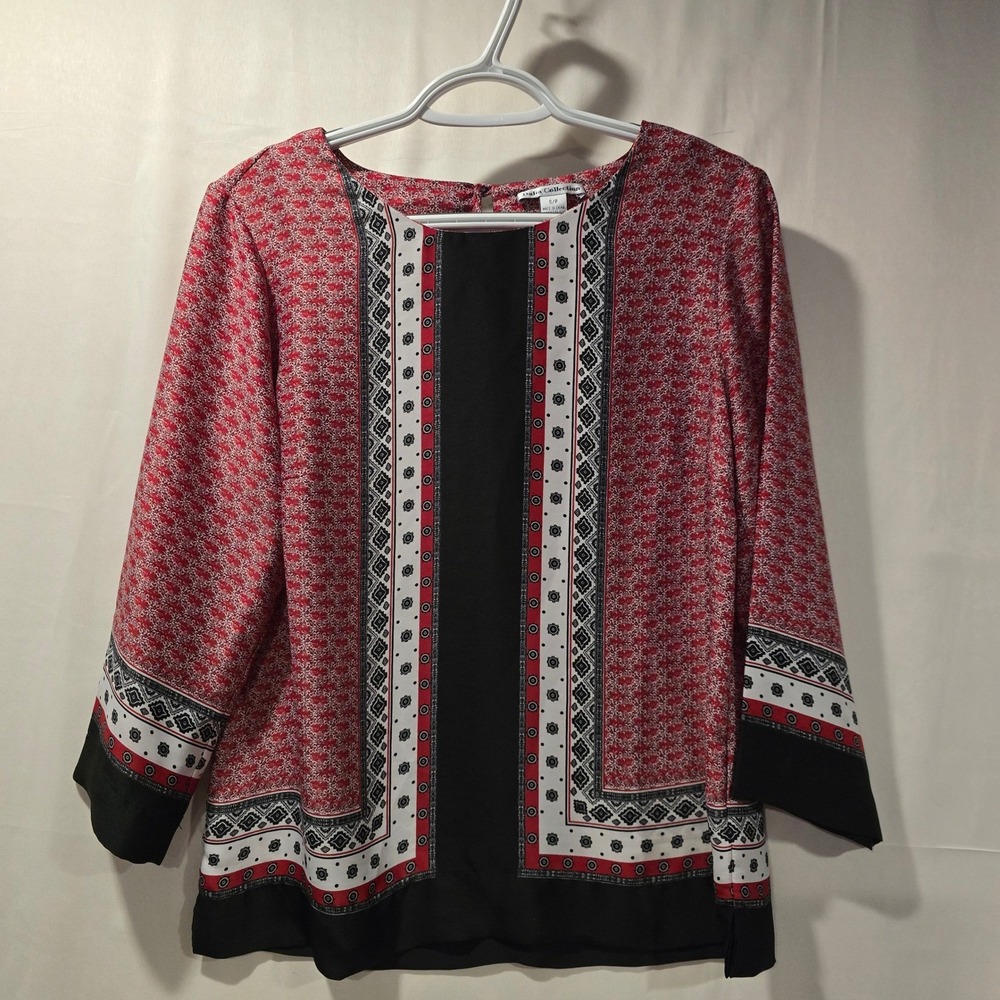 Dalia Collection Red Black White Geometric‎ Print Tunic Blouse S P